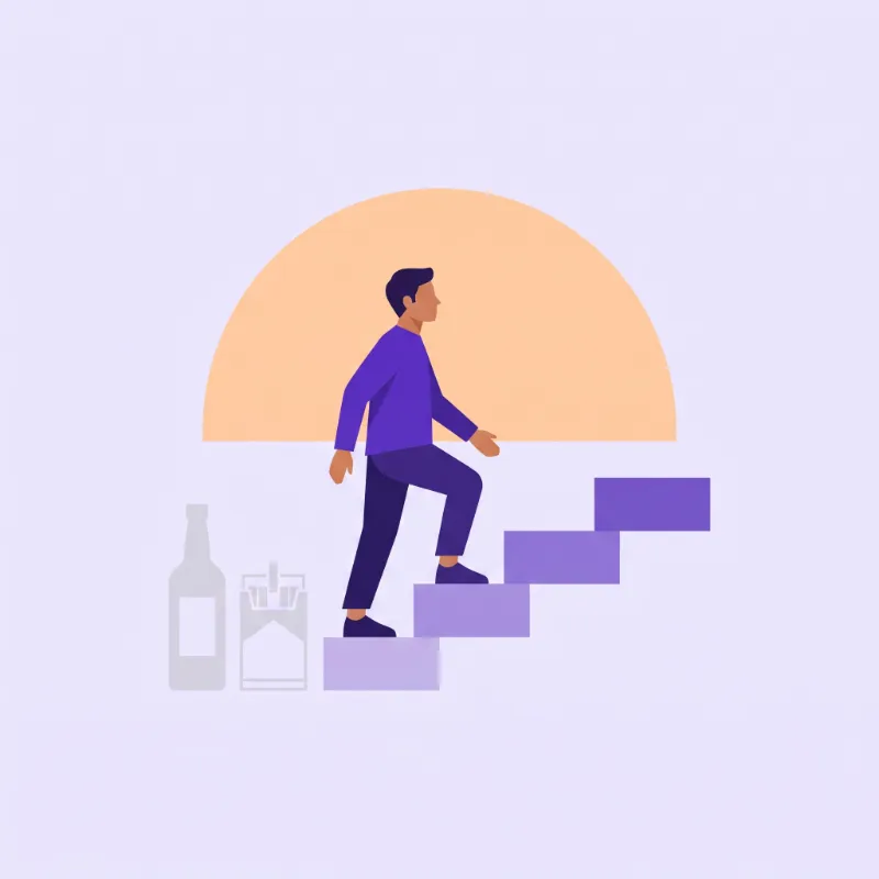 A man climbing steps towards a sunrise, leaving a bottle and cigarettes behind