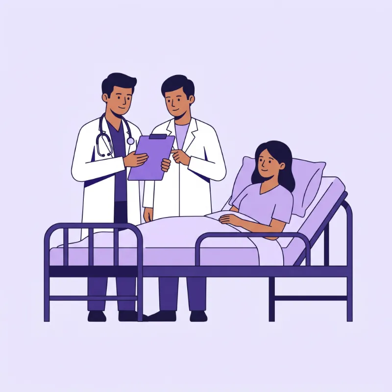 Two doctors reviewing a patient file together beside a hospital bed